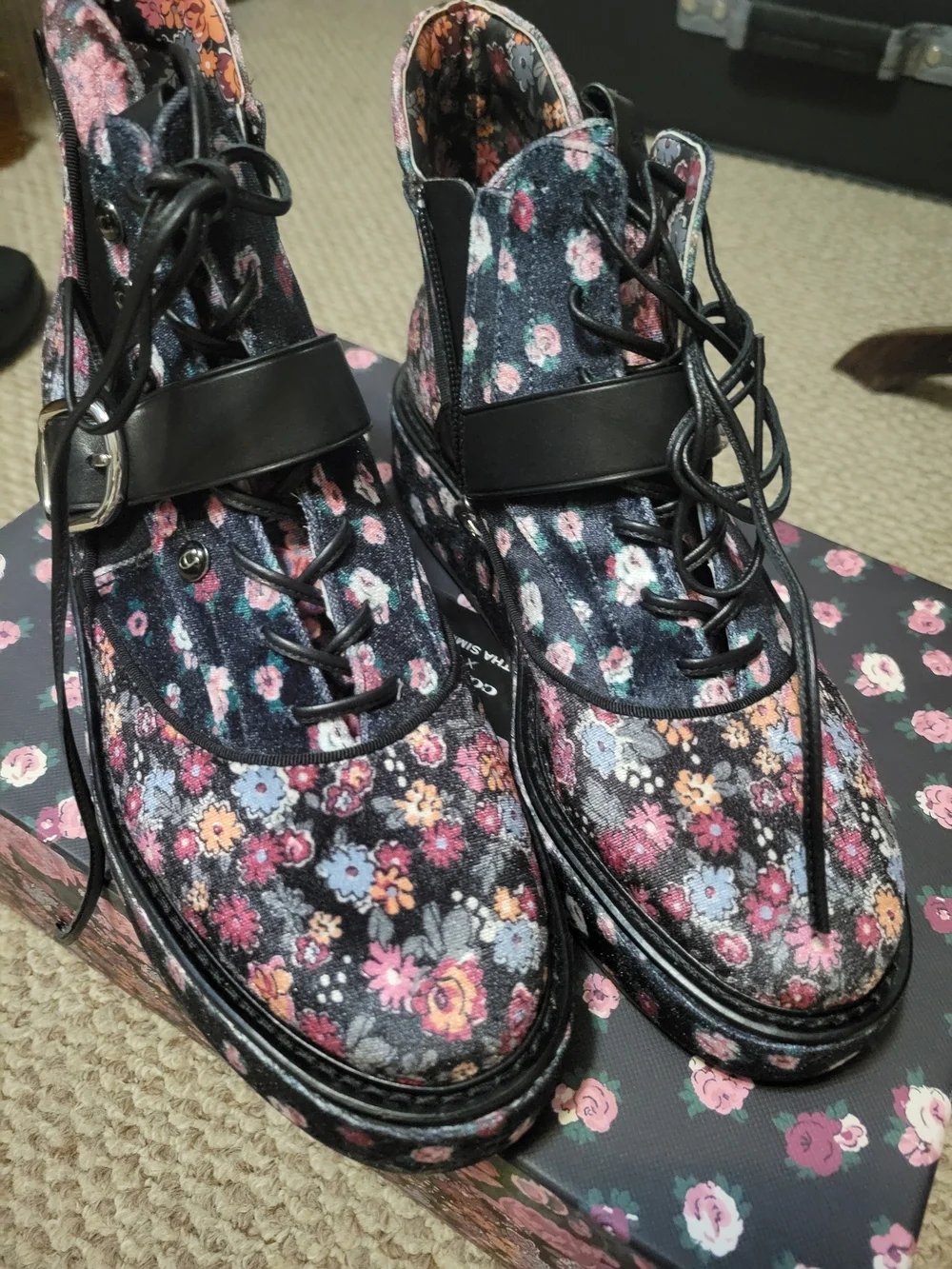 Coach Floral Lace-Up Ankle Boots in Black with Pink & Multicolor Floral Print